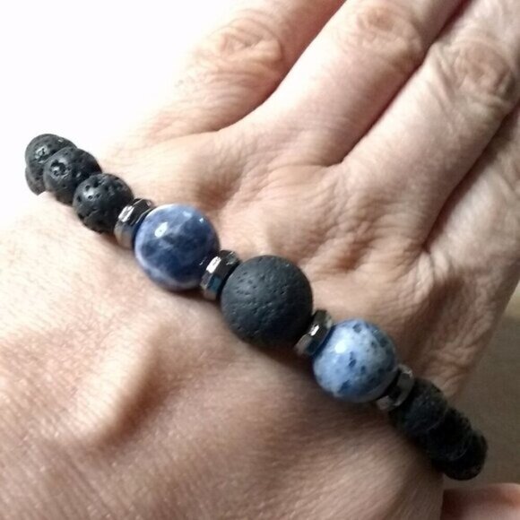 Sodalite + Lava Rock ~ Big Man's Bracelet with Massive Beads - Fits 9" Wrist - Picture 4 of 6